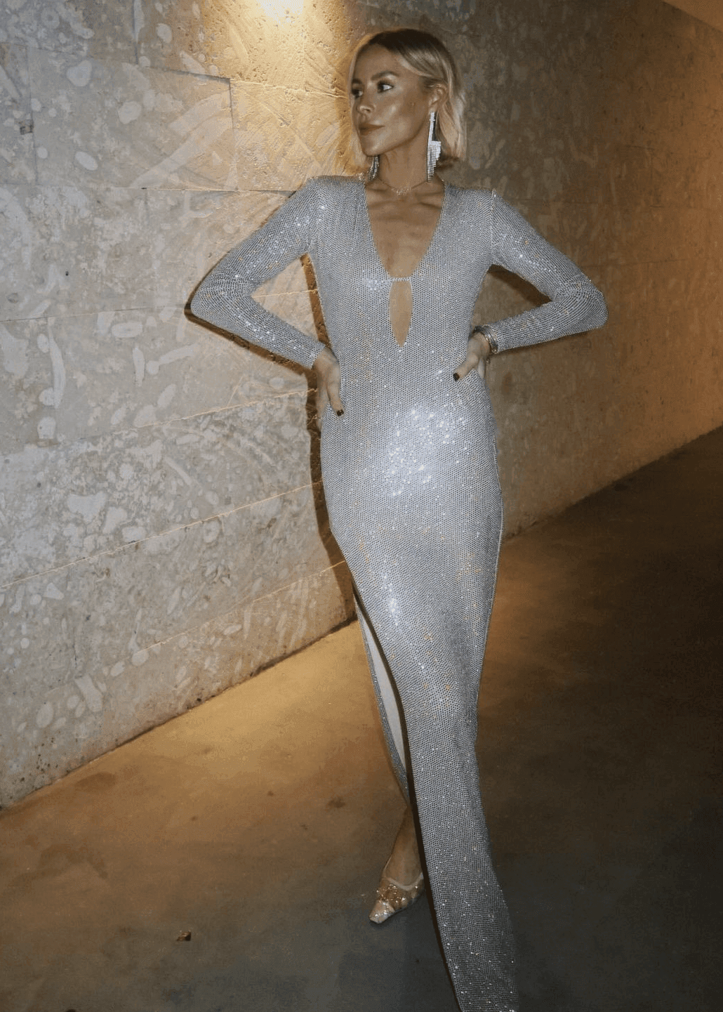 Mary Lawless Lee in Silver Sequins Maxi Dress